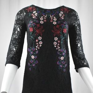 ! Black 3/4 Sleeve Embroidered Lace Shift Dress !